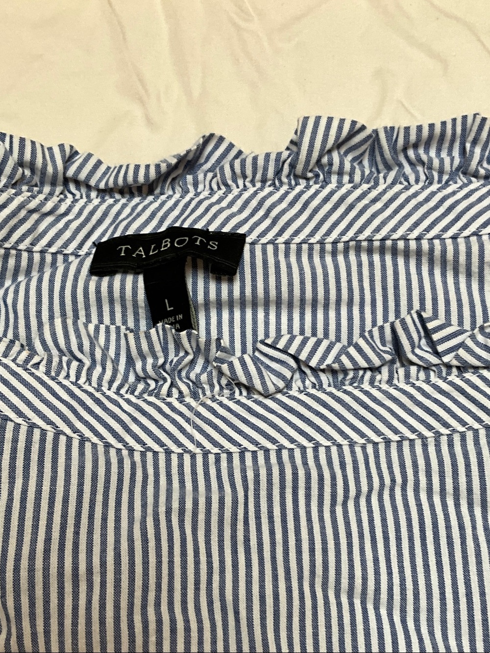 Talbots light blue striped blouse, with fun stitching on arms
